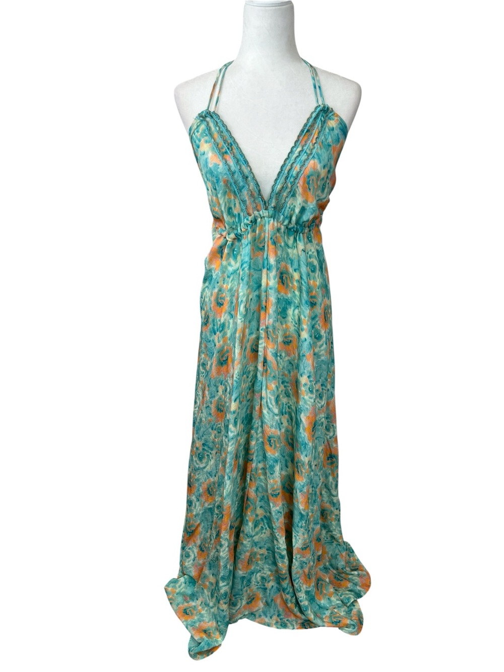 Nekane Watercolor Boho Maxi Dress Open Back Halter Resort Vacation Medium NWT
